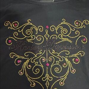 Harley-Davidson Black Short Sleeve Tee with Gold Rhinestone Scrolls & Pink Gems